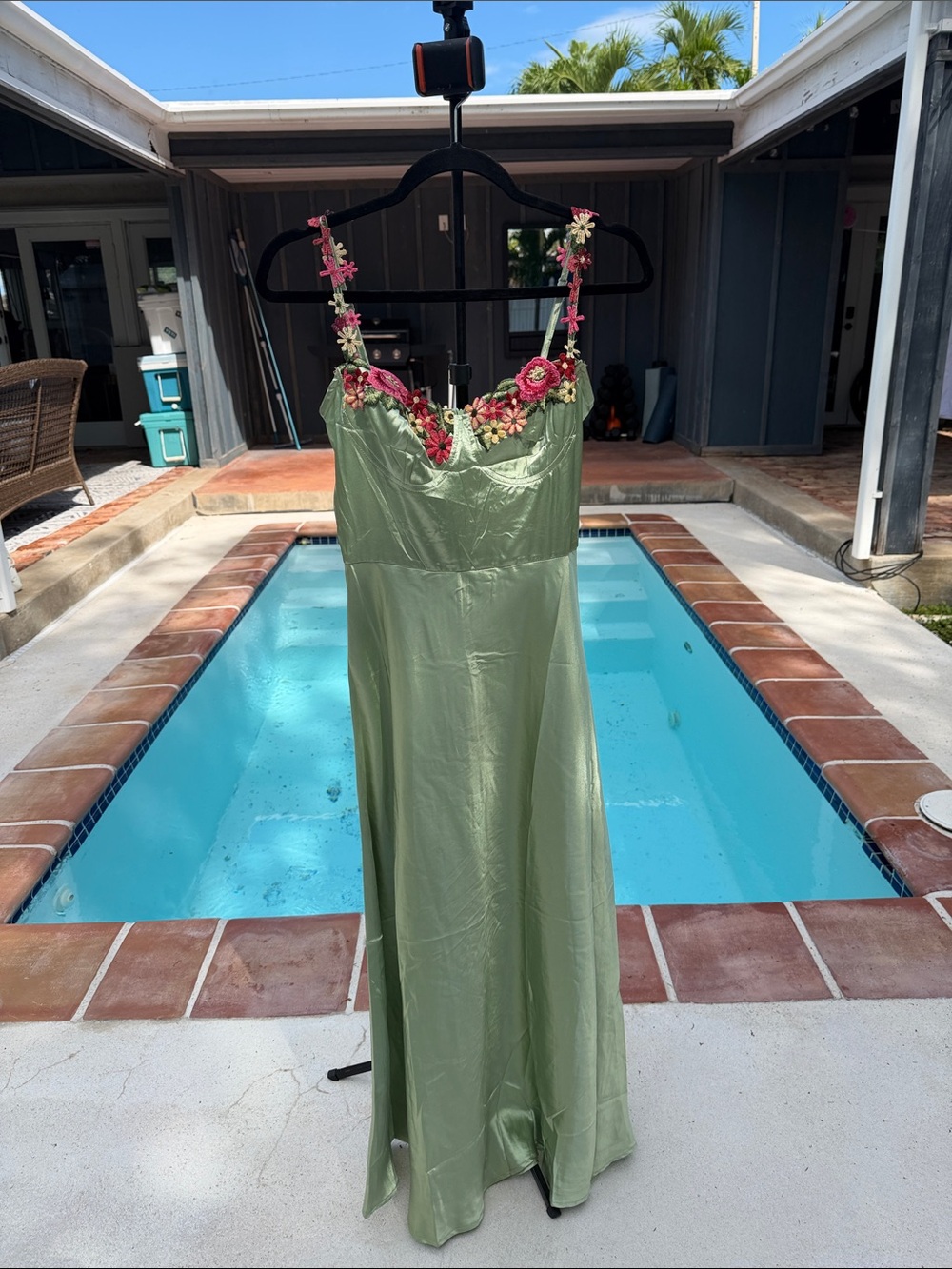 SHEIN Light Green Maxi Slip Dress with Pink Floral Trim